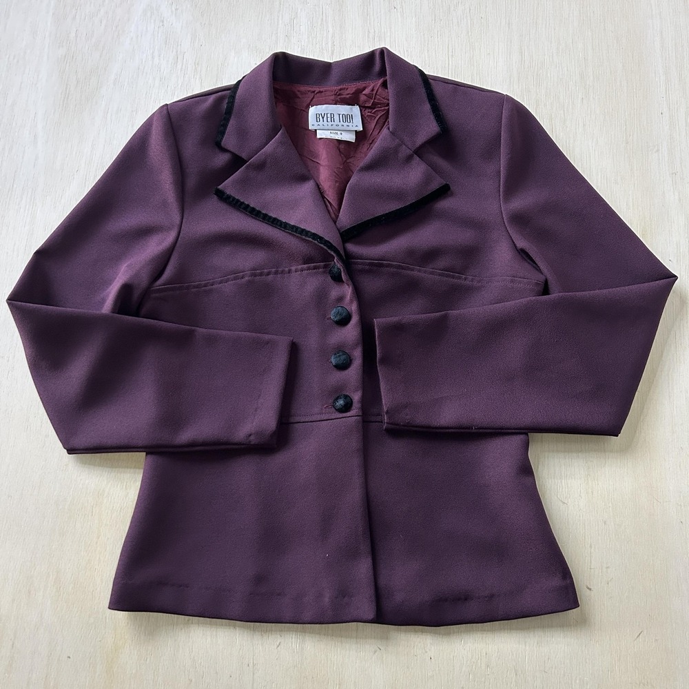 BYER TOO! Blazer Jacket Womens 9 Purple Velvet Trim 4 Button Lined Tailored